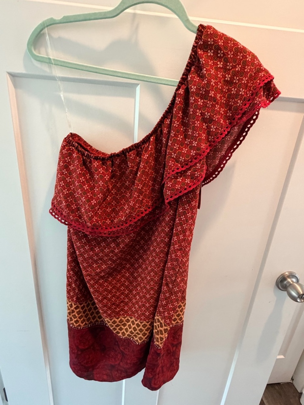 NWT Xhilaration One Shoulder Dress Medium Red Boho Ruffle Mini